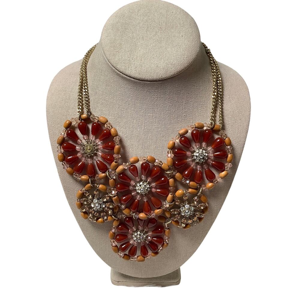 Nicole Miller Gold Tone Red Enamel Flower Crystal Bib Statement Necklace E20-10